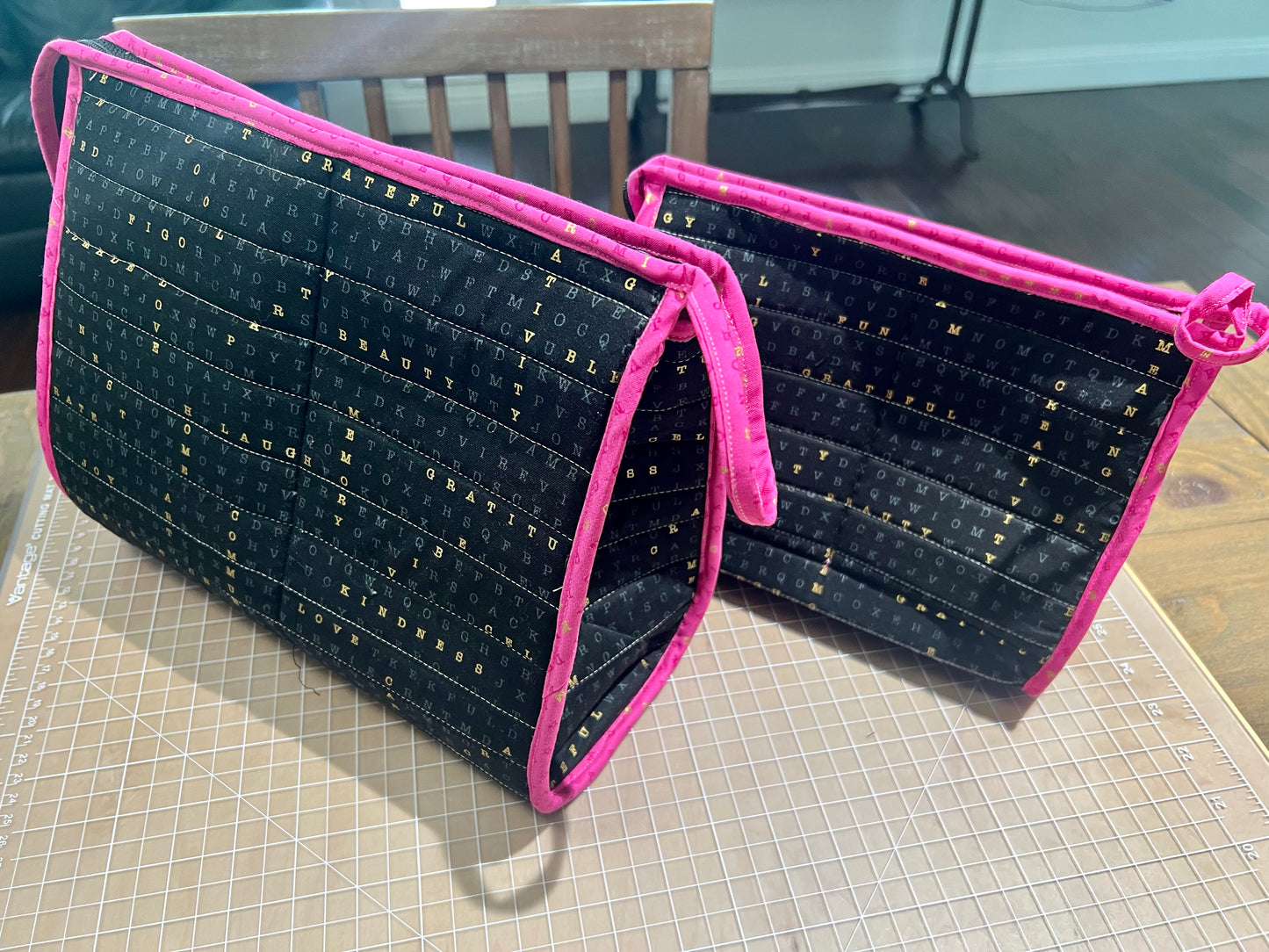 Handmade Quilted Zipper Bag; Makeup bag; Interior Mesh Pockets; Large 12 x 10 x 6" or Medium 10 x 8 x 4"