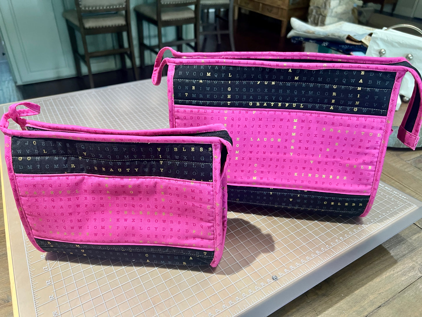 Handmade Quilted Zipper Bag; Makeup bag; Interior Mesh Pockets; Large 12 x 10 x 6" or Medium 10 x 8 x 4"