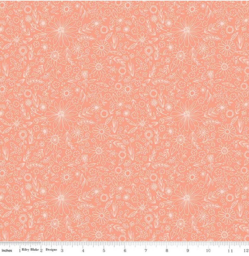 Riley Blake, Homemade Outlined Florals Coral, Quilt Cotton Fabric