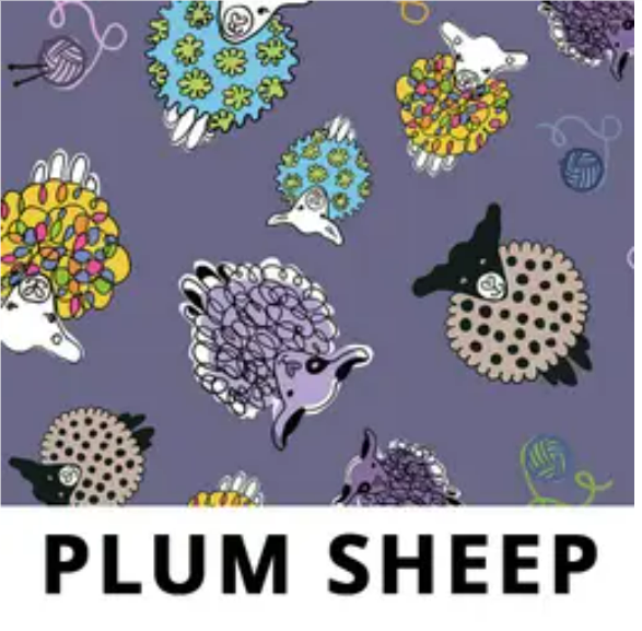 Splash Fabric- Plum Sheep, 100% cotton, laminated, wipes clean. 56" wide