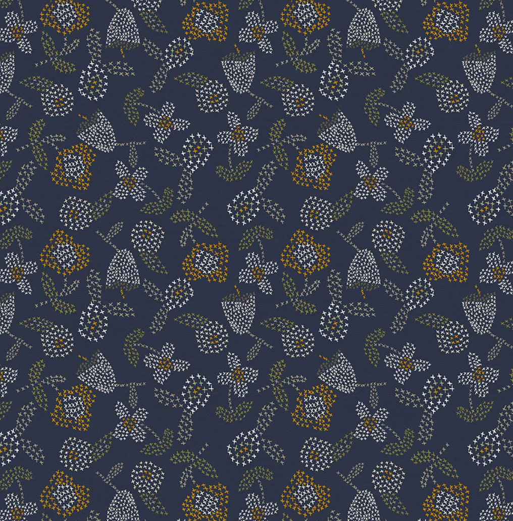Paintbrush Studios Fabric- Autumn Breeze: Flower Stitching/Blue ; 44/45" wide