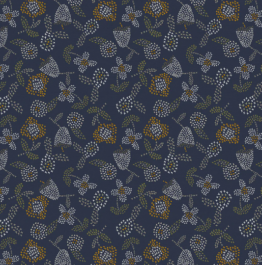 Paintbrush Studios Fabric- Autumn Breeze: Flower Stitching/Blue ; 44/45" wide