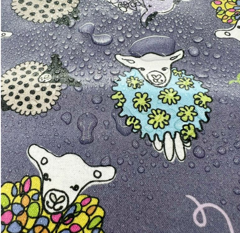 Splash Fabric- Plum Sheep, 100% cotton, laminated, wipes clean. 56" wide
